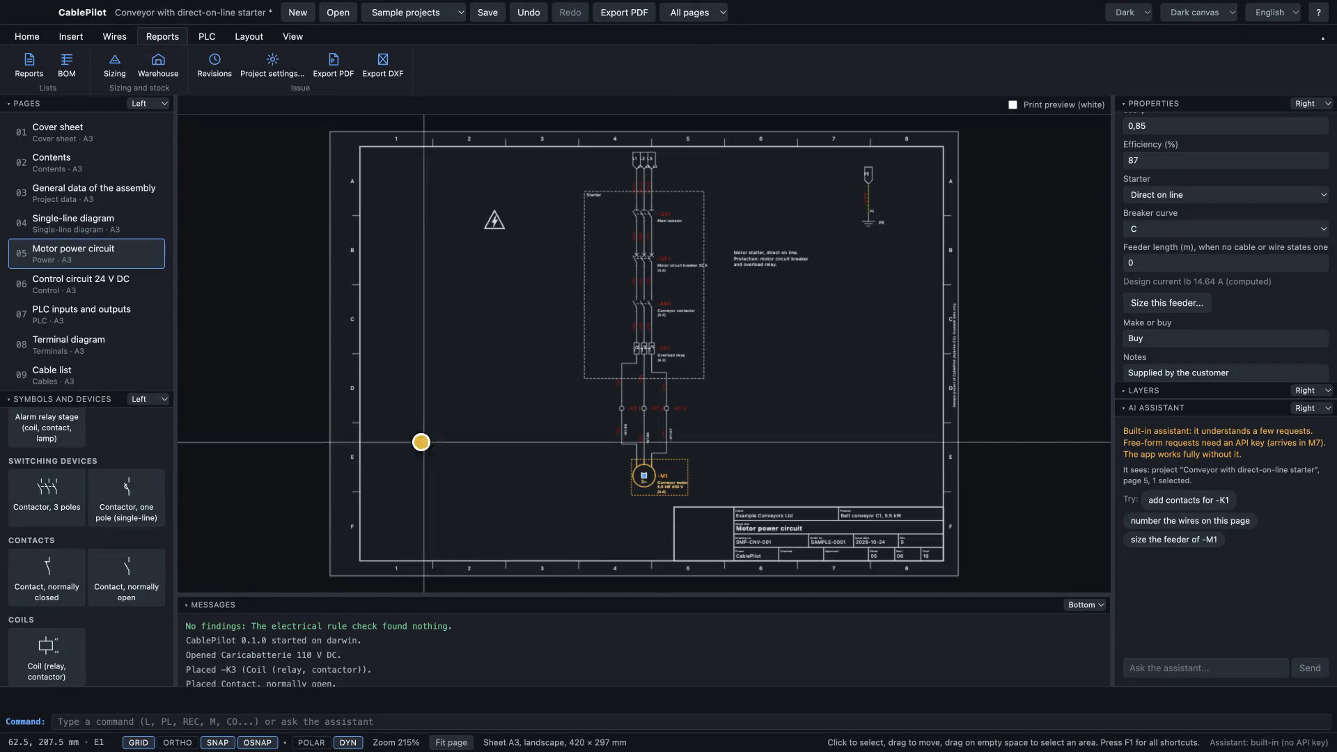 The sizing window of the conveyor sample with the contactor line open: the requirement, its assumptions and the parts that meet it, ranked by what the warehouse has for the project.